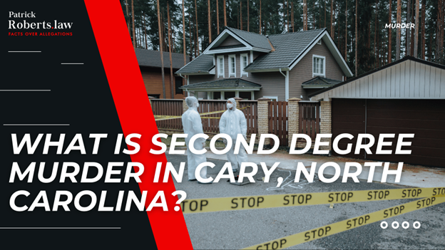 Crime scene investigators near house with caution tape beside title introducing NC second-degree murder overview.