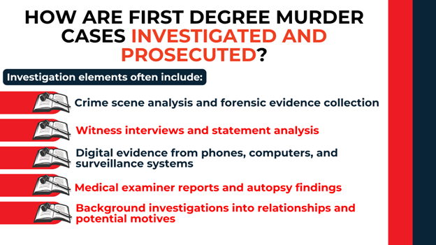 Book and gavel icons with red highlights. Text lists elements of investigations: crime scene analysis, witness interviews, digital evidence, medical examiner reports, and background investigations.