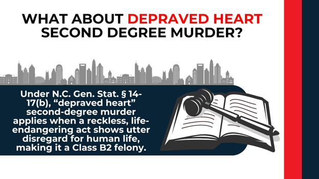 Gavel on open law book with text defining “depraved heart” murder as reckless disregard for human life under NC law.