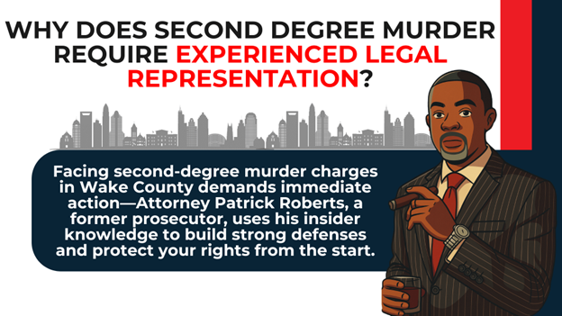 Attorney illustration beside text explaining Patrick Roberts’ prosecutor experience in defending second-degree murder cases.