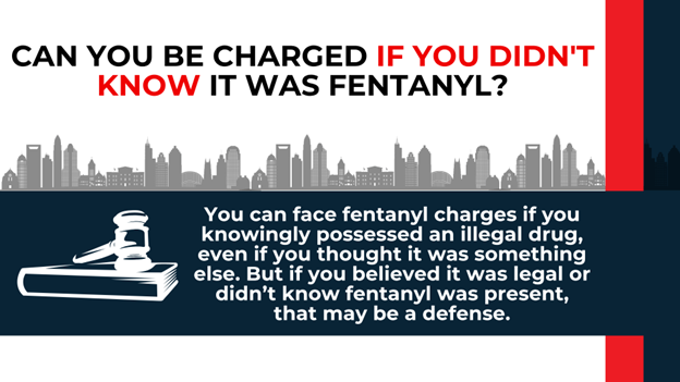 Illustration of a gavel and book with text explaining that fentanyl charges apply if someone knowingly possessed an illegal drug, though a defense may exist if unaware fentanyl was present.