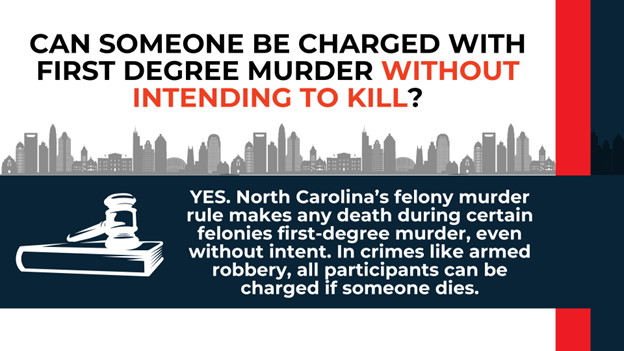Gavel and book icon with city skyline. Text explains that under North Carolina’s felony murder rule, a person can face first-degree murder charges without intent if a death occurs during certain felonies like armed robbery.