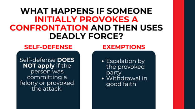 Two panels explain self-defense limits and exceptions like withdrawal.
