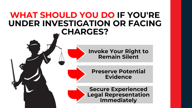 Lady Justice silhouette with arrows showing key actions—remain silent, save evidence, hire a lawyer.