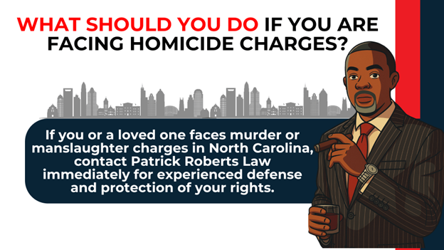 Attorney illustration with skyline; urges contacting Patrick Roberts Law for defense in NC homicide cases.