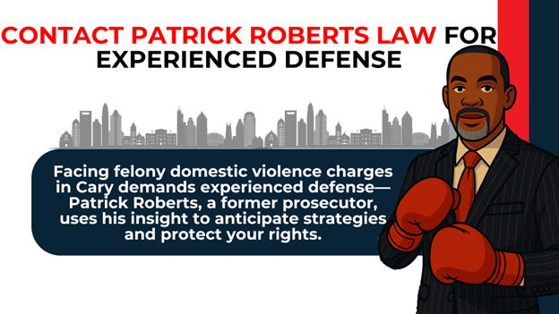 Attorney in boxing gloves with skyline; promotes Patrick Roberts’ defense for felony domestic violence.