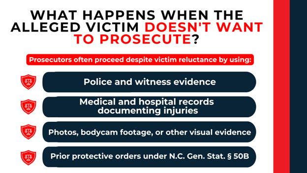 Justice shields highlighting evidence prosecutors use when victims are reluctant—police reports, medical records, prior orders.