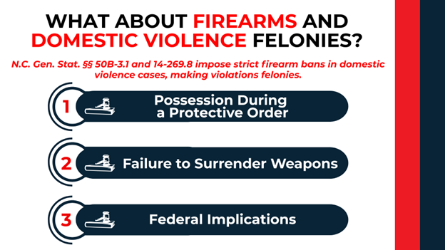 Three numbered sections with gavel icons; lists firearm-related felony violations in domestic violence cases.