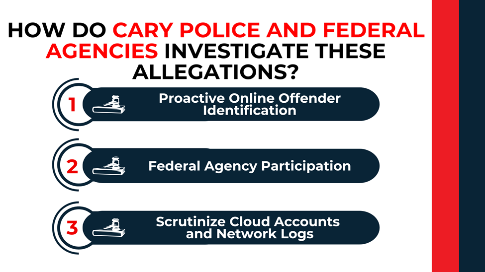 Icons beside steps showing online offender identification, federal involvement, and cloud account review.