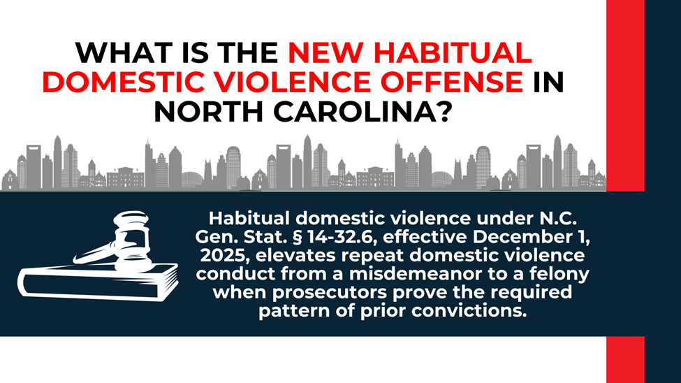 Court-themed layout summarizing statute 14-32.6 and how repeat offenses elevate charges to a felony.