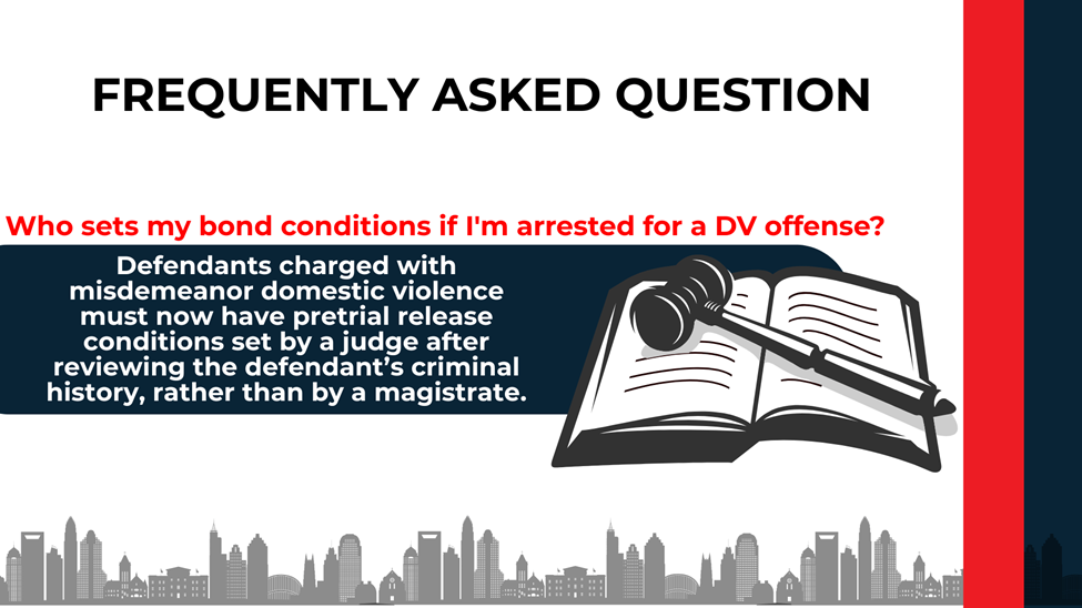 Bold question layout with gavel and book icon explaining who sets bond conditions after a domestic violence arrest in NC.