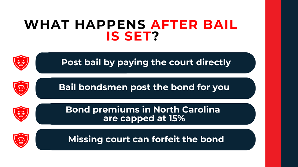 Step-by-step bars explain posting bail, bondsman involvement, premiums, and court appearance risks.