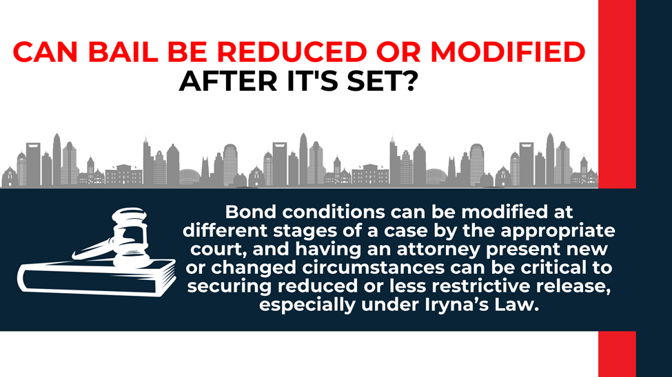 Judge’s gavel and city skyline illustrate that courts may modify bond terms when circumstances change.