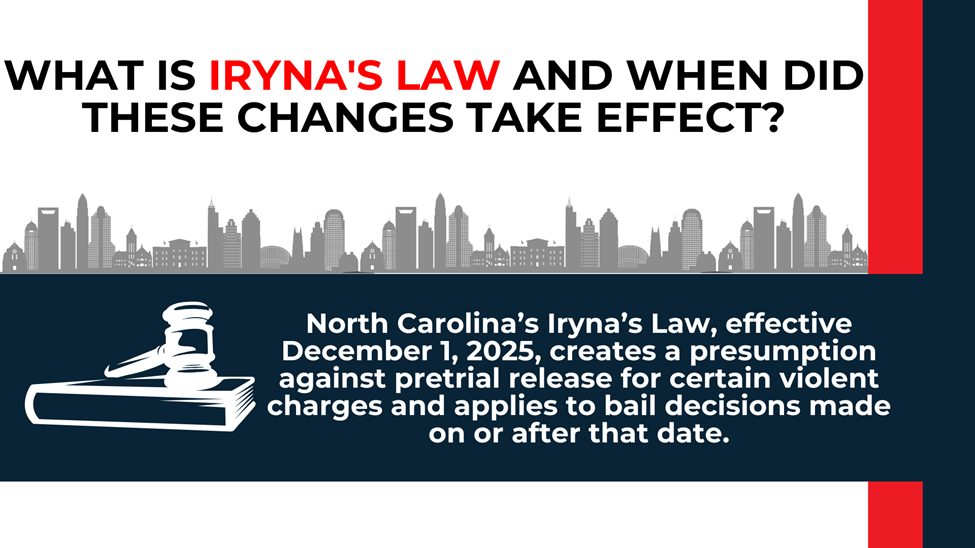 Gavel on law book with text summarizing Iryna’s Law, its effective date, and presumption against release.