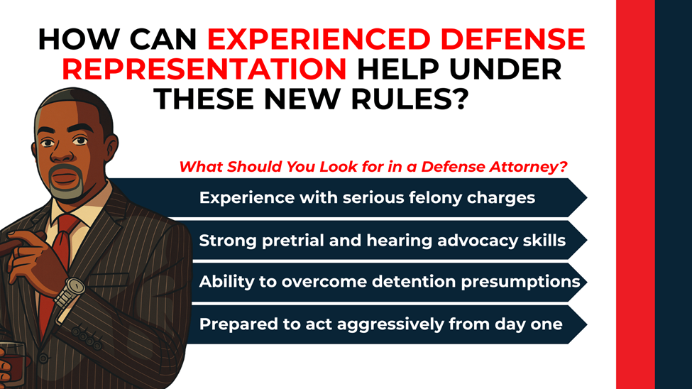 Attorney illustration with arrowed list outlining how skilled defense counsel challenges detention under new bail rules.