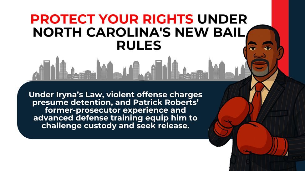 Attorney illustration with boxing gloves beside text urging protection of rights under NC’s updated bail standards.