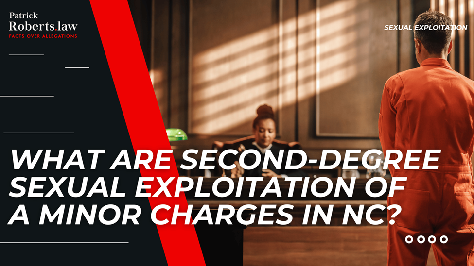 Courtroom scene with judge and defendant highlighting second-degree sexual exploitation charges in North Carolina.