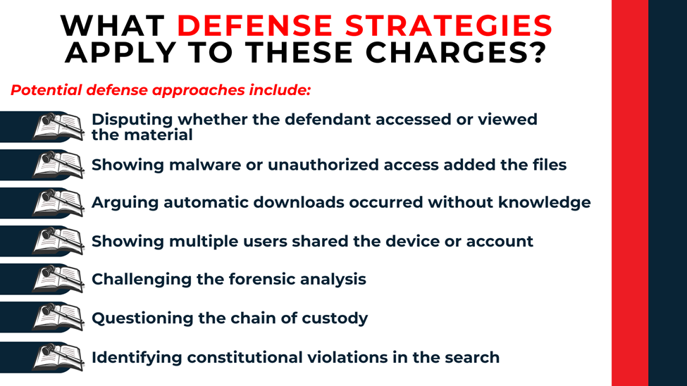 List of defense approaches such as challenging access, malware claims, multiple users, and forensic issues.