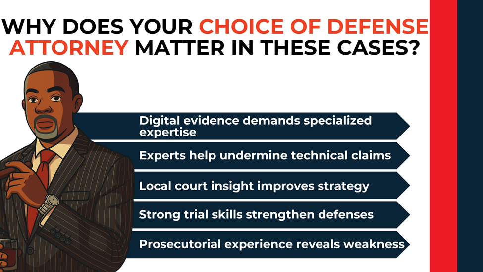 Attorney illustration with key reasons specialized defense counsel improves outcomes in digital evidence cases.