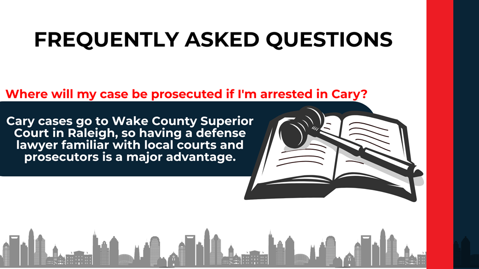 Cary cases are prosecuted in Wake County Superior Court; shows judge’s gavel and legal book beside summary text