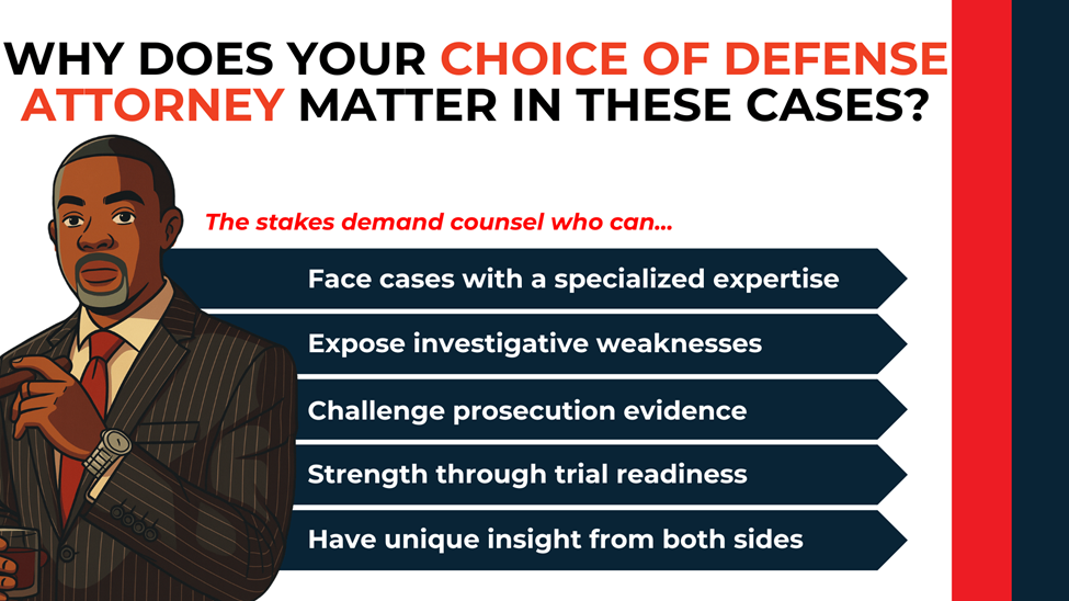Attorney illustration beside reasons experience matters, including trial readiness and exposing investigative flaws.