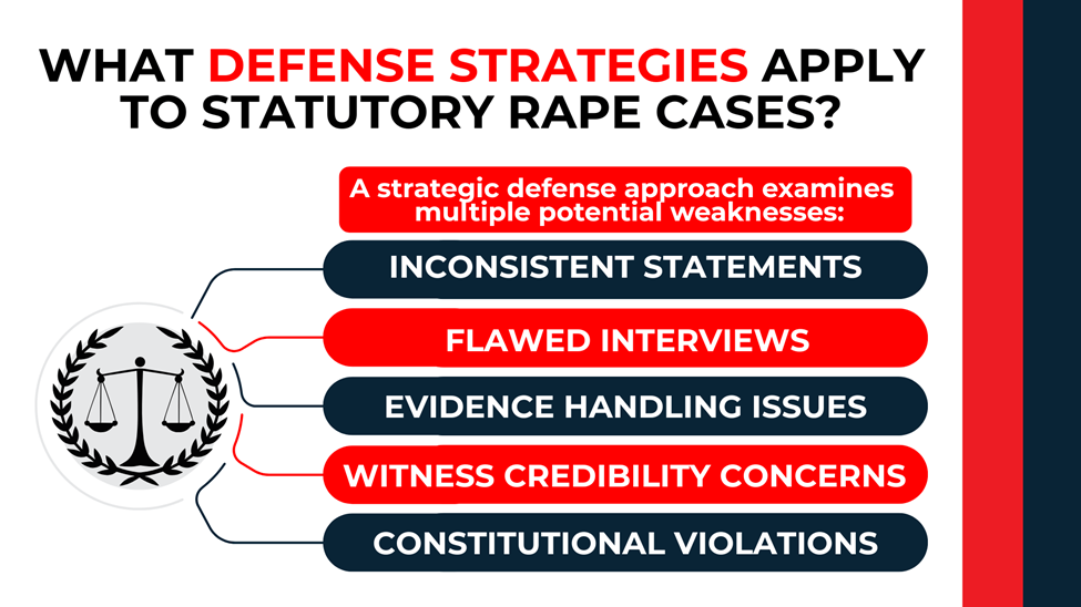 Justice symbol with labeled bars highlights defenses like inconsistent statements, flawed interviews, and rights violations.