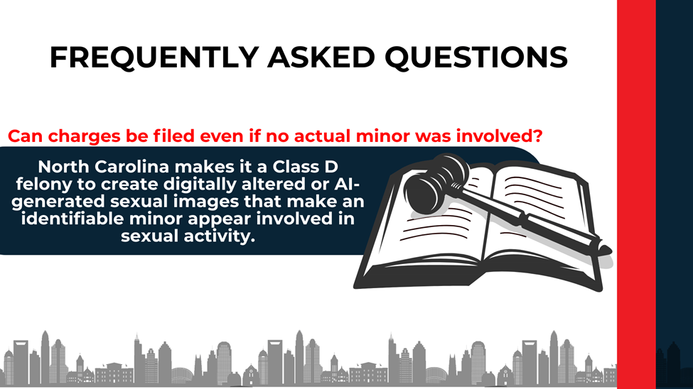 Gavel and law book beside text explaining NC allows charges for digitally created minor depictions even without a real minor.