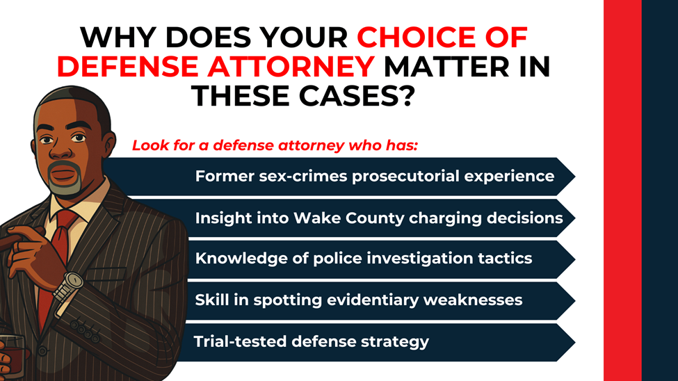 Attorney illustration beside arrowed list emphasizing prosecutorial insight, investigation knowledge, and trial-tested defense skill.