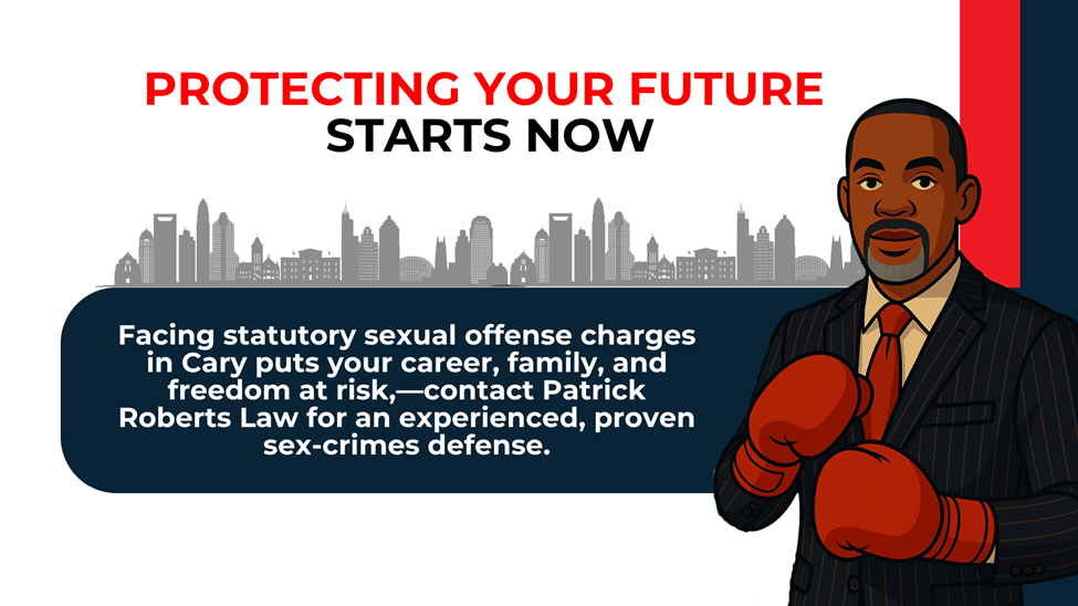 City skyline and attorney illustration with call-to-action text stressing defense against statutory sex offense charges in Cary.