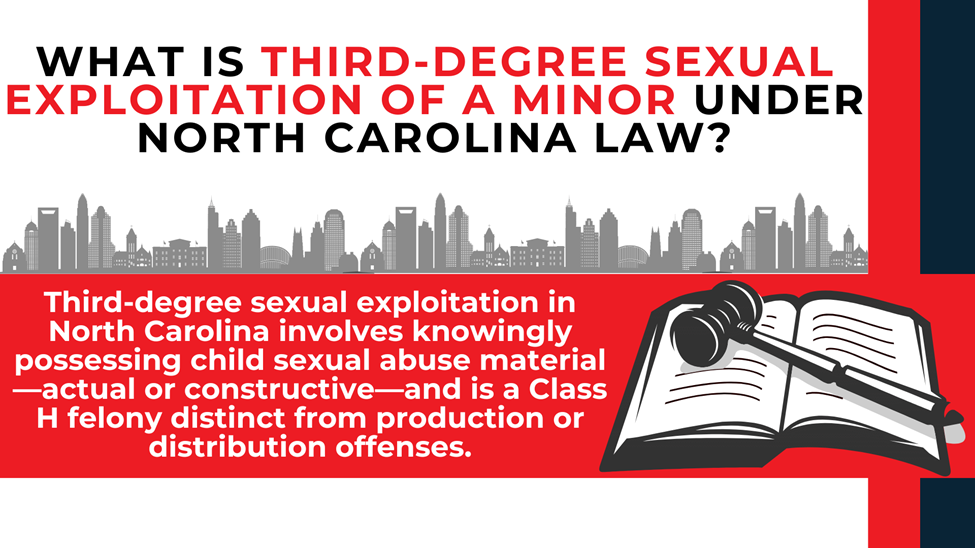 Gavel and book illustration with summary defining third-degree exploitation as possession-based offense.