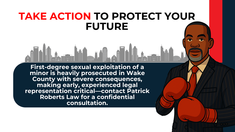 Attorney illustration beside message urging early legal help due to severe first-degree exploitation penalties in Wake County.