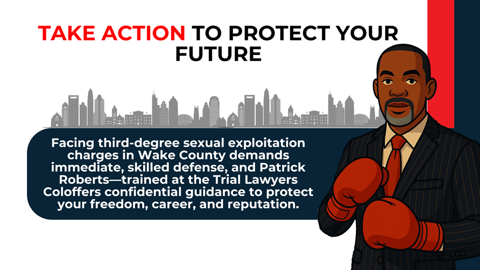Attorney illustration beside message urging immediate defense for third-degree exploitation charges.