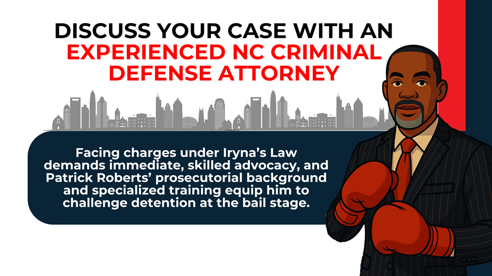 Illustrated attorney with bold banners emphasizing the importance of experienced defense counsel under Iryna’s Law.