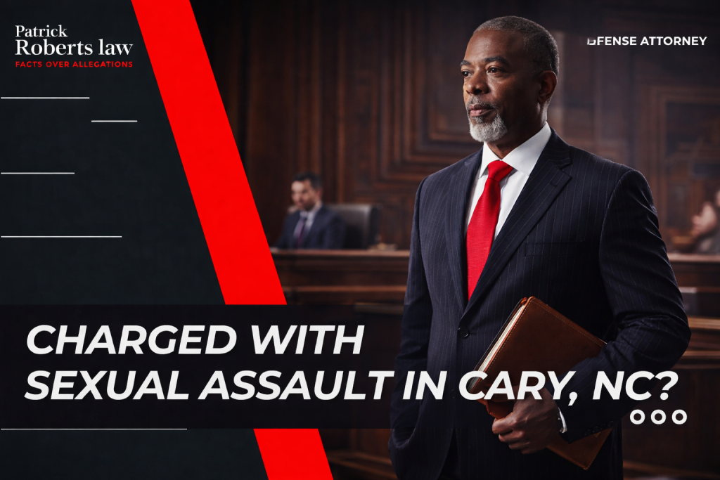 A defense attorney in a suit reviews case files inside a Cary, NC courtroom, representing Patrick Roberts Law. The image emphasizes strong legal defense, justice, and professionalism in sexual assault defense cases.