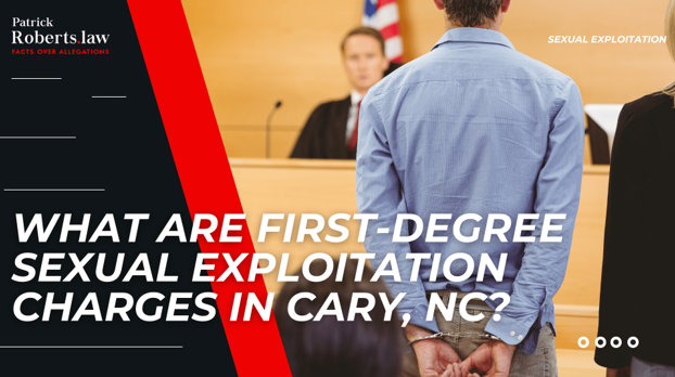 Courtroom with defendant in handcuffs before judge; title asks about first-degree sexual exploitation charges in Cary.