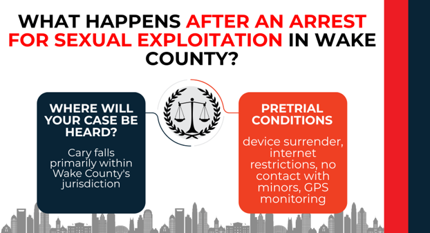 Justice scale with sections explaining court location and pretrial conditions like device surrender and monitoring.