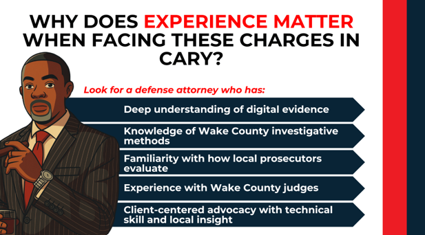 Attorney illustration with list of qualities such as digital evidence skills and Wake County courtroom experience.
