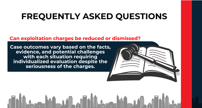 Illustrated gavel on open book; text explains that exploitation charges may be reduced or dismissed depending on case facts.