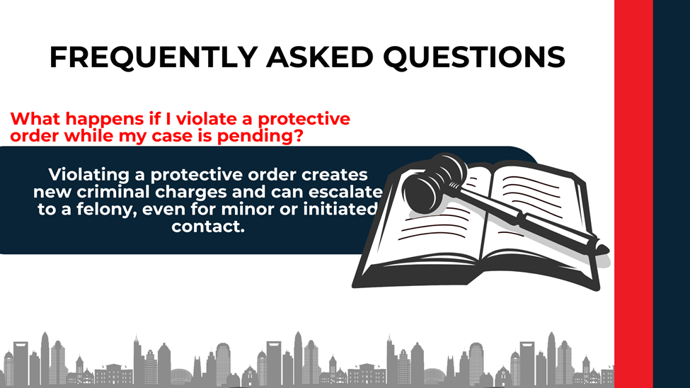 Open-law-book and gavel icon; warns protective-order violations can add charges and escalate to felony during a pending case.