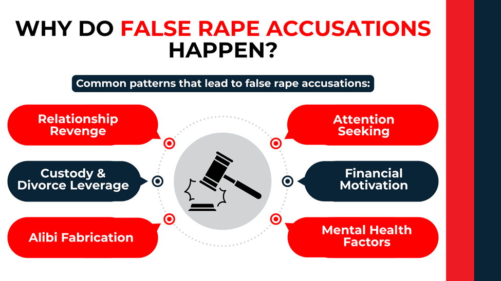 Circular diagram listing motives such as revenge, custody disputes, attention seeking, finances, alibi creation, and mental health.