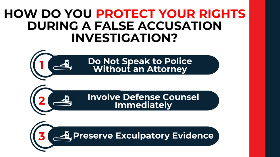 Three-step list highlighting silence, immediate counsel involvement, and preserving evidence during investigations.