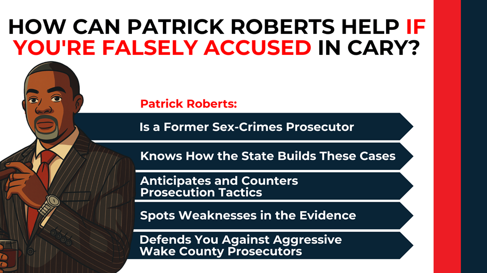 Attorney illustration with arrows listing prosecutor insight, evidence review, and defense tactics for false accusations.