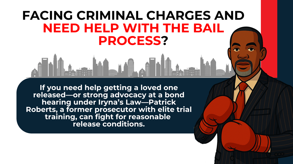 Cartoon attorney with boxing gloves beside message offering help with bail hearings and release conditions under Iryna’s Law.