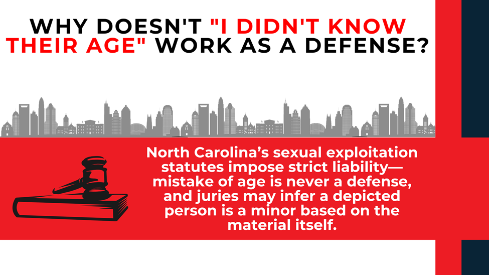 Gavel icon with text stating strict liability—mistake of age is not a defense and minors inferred from content.