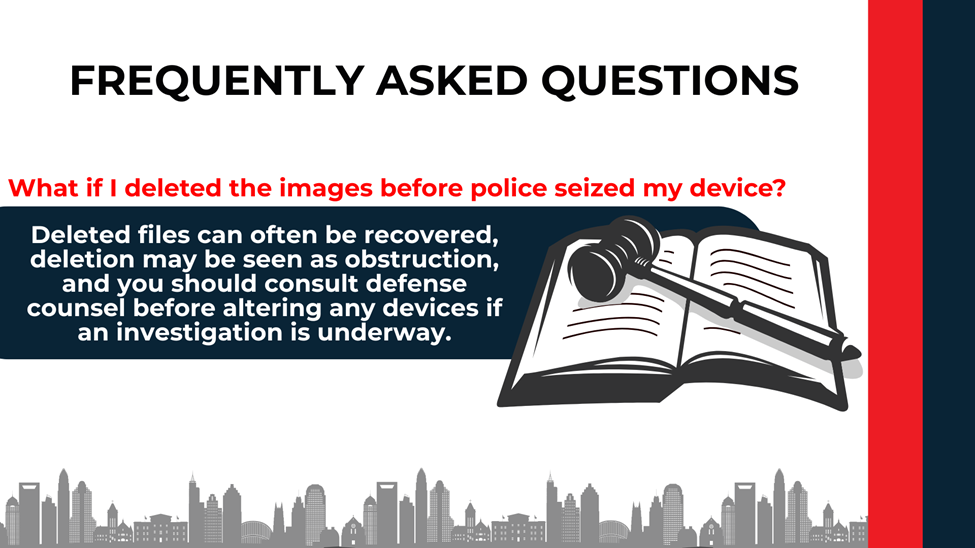 Book and gavel icon beside FAQ about deleted images, warning files may be recovered and deletion may be obstruction.