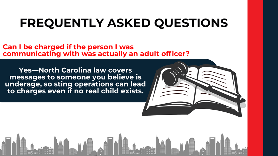 Gavel on open law book beside FAQ text explaining undercover officer stings and solicitation by computer charges