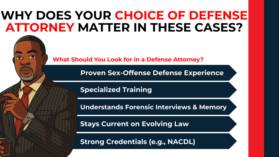 Attorney checklist highlights sex-offense experience, training, forensic knowledge, legal updates, and strong credentials.
