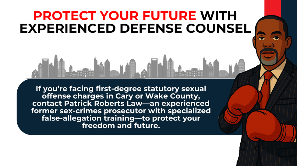 Boxer-lawyer illustration urges Cary/Wake clients facing first-degree charges to contact experienced defense counsel.