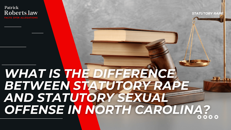 Scales, law books, and gavel background introducing comparison of statutory rape versus statutory sexual offense under NC law.