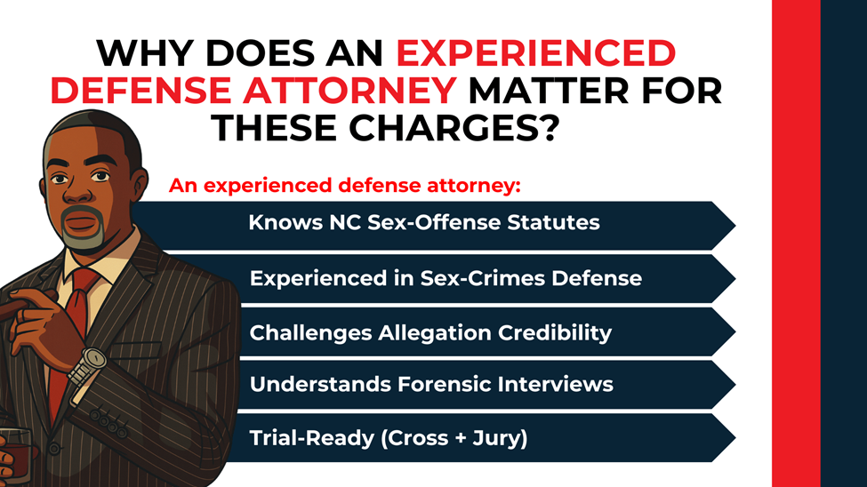 Attorney illustration with checklist bars highlighting statute knowledge, forensic skill, and trial readiness in sex cases.